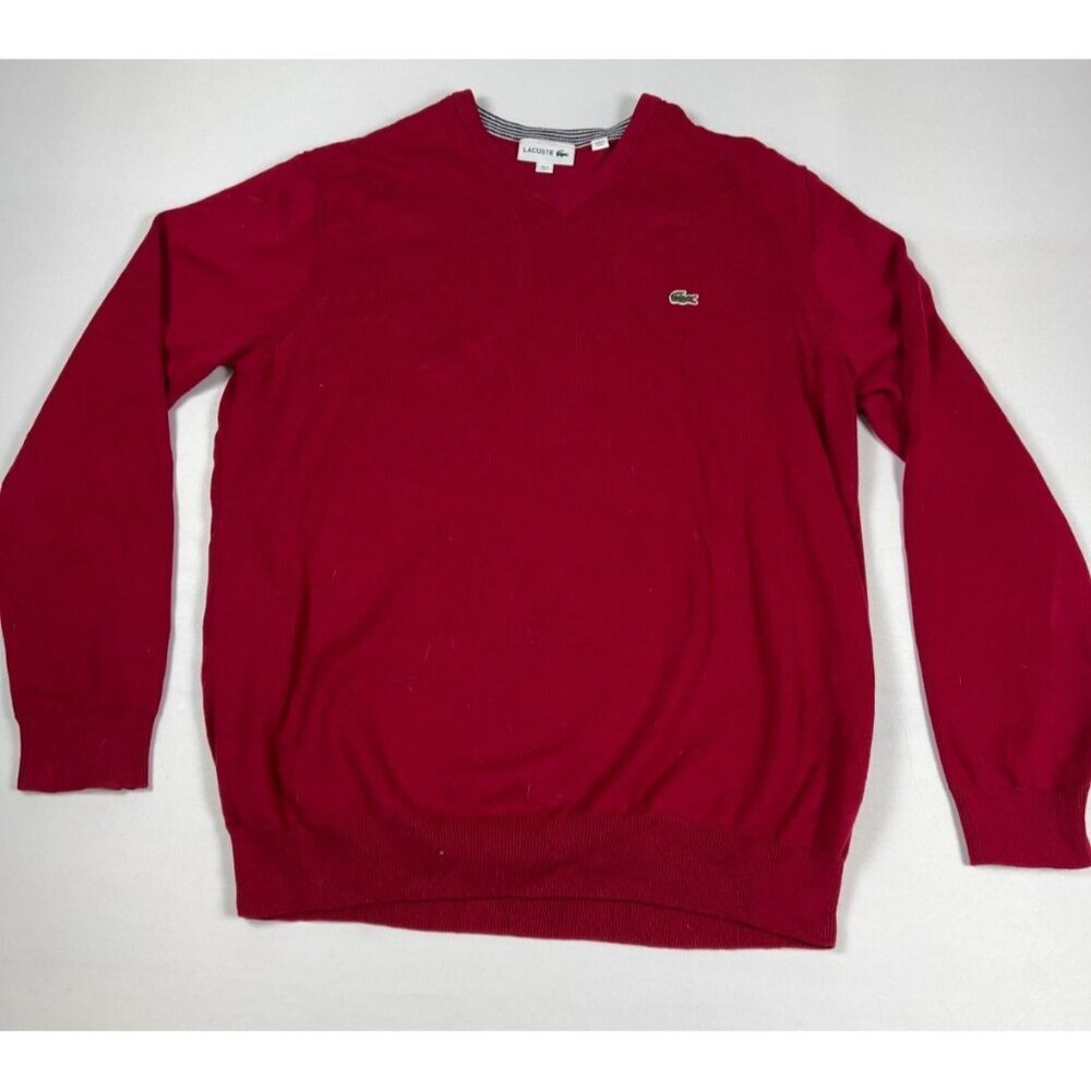 Lacoste Men L V-Neck Sweater Red Cotton Knit Classic Fit Pullover
